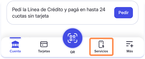 Paso 1: menú inferior de la app de Mercado Pago con la opción Servicios resaltada